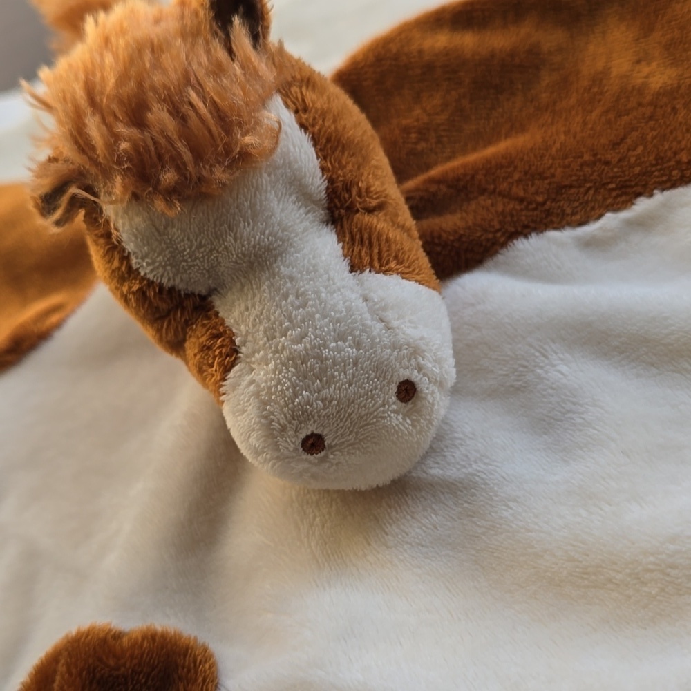 Horse Security Blanket Lovey Soft Plush Brown White Cream Satin Trim Baby Toy - Picture 2 of 5